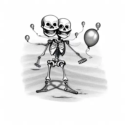 Smiling Skeleton Flying With Baloons While Wearing Slippers
