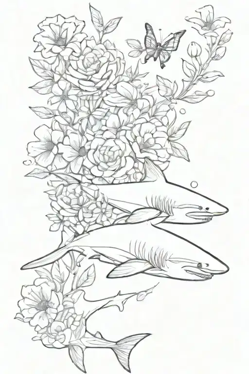 Outline Of Shark Swimming With Flowers And Butterflys