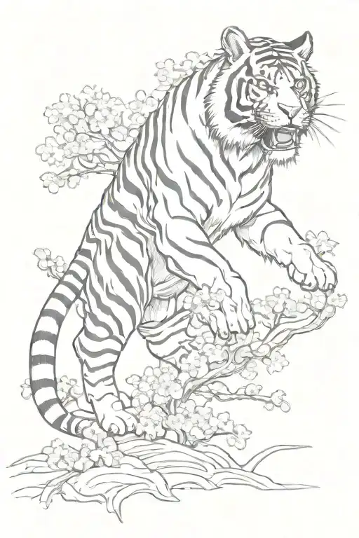 A Tiger Walking With A Dragon Walking Around It With Cherry Blossoms