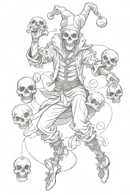 Realistic Full Body Jester With A Skull Face Dancing While Juggling With Skulls