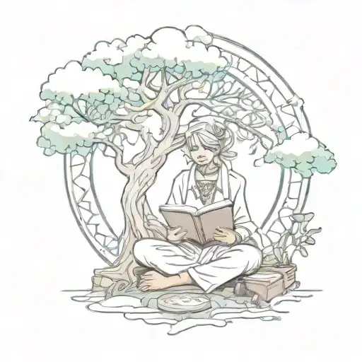 An Anime-inspired Tattoo Of A Fortune Teller Reading A Book Under A Mystical Tree Of Life