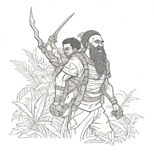 African Warrior Carrying His Son On His Back Through A Lush Jungle