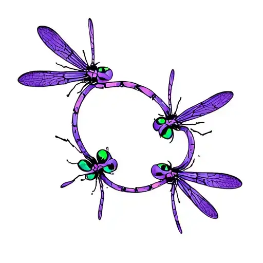 4 Tiny Dragonflies Flying In A Circle Shape With Bright Emerald Green Eyes And Purple Body