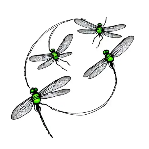 4 Tiny Dragonflies Flying In A Circle Shape With Bright Emerald Green Eyes
