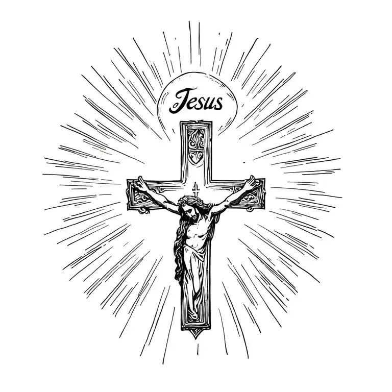 Cross Tattoo With Jesus In Cursive Inside It And Unique Light And Energy Flowing Around It