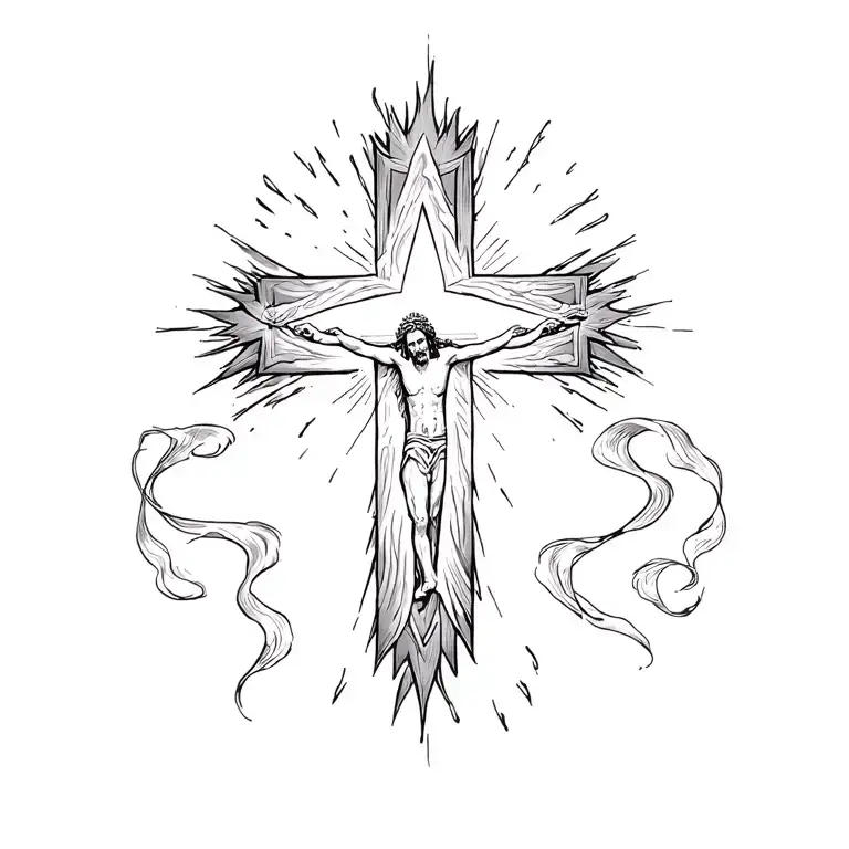 Cross Tattoo With The Work Jesus In Cursive Inside It And Unique Light And Energy Flowing Around It