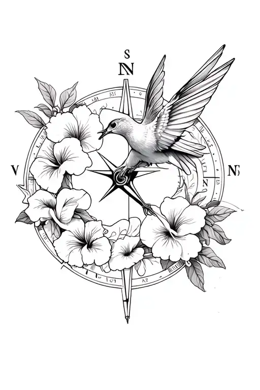 Humming Bird With Hibiscus Surrounding Compass Rose