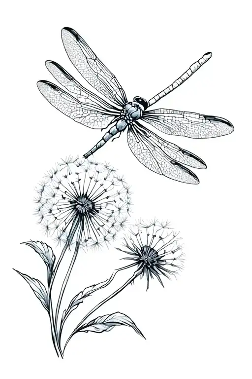 Dragonfly And Dandelion Flower Intertwined