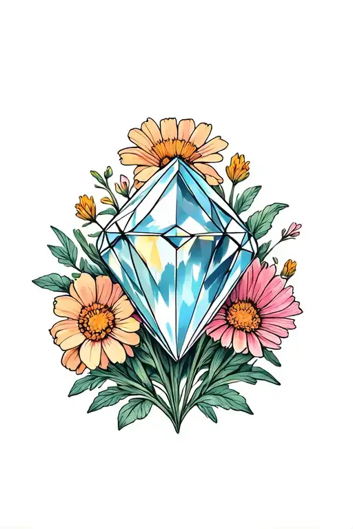 Diamond Gemstone With Wildflowers Behind It Vintage Design