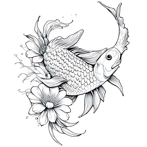 Koi Fish And Flowers Intertwined