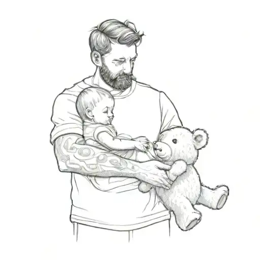 A Man Holding A Baby And A Teddy Bear