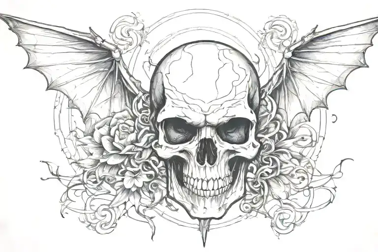 Skull Head With Bat Wings Connected To It And Line Art