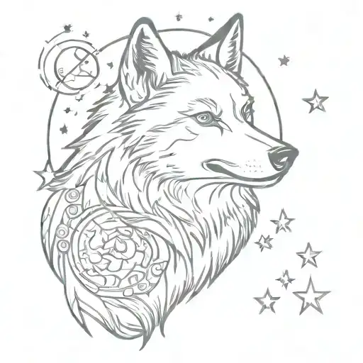Cute Wolf With Moon Surrounded By Stars