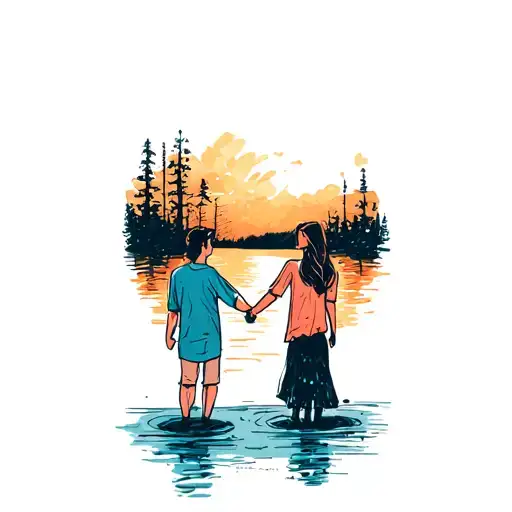 A Couple Holding Hands In Front Of A Lake At Sunset