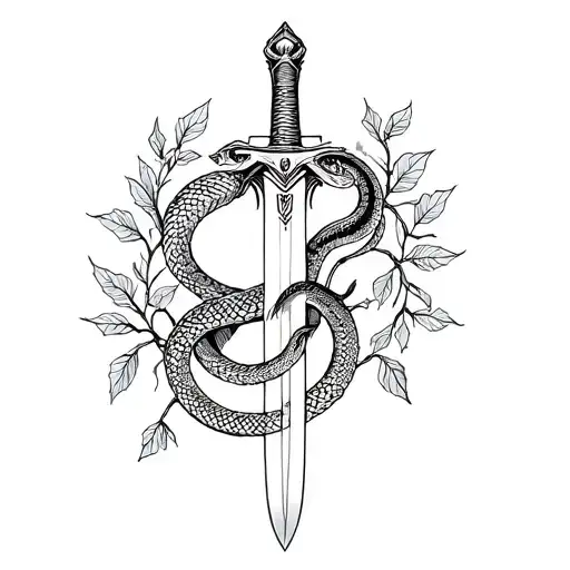 Snake Wrapped Around Sword With Vines And Leaves Around It