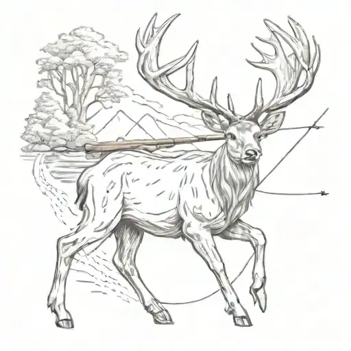 A Deer With A Rifle And Fishing Rod Crossed With Two Trout On The Sides