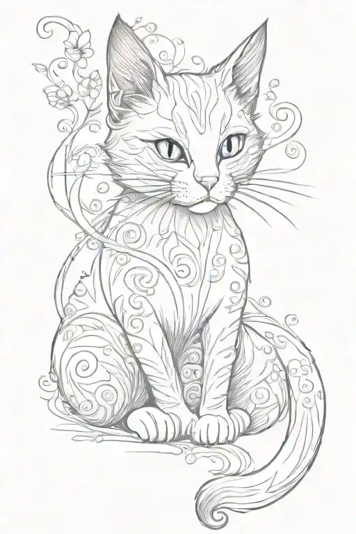Whimsical Fine Line Fantasy Cat