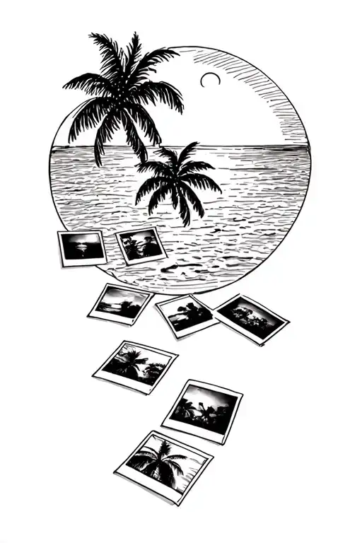 Table With 5 Polaroid Pictures With A Palm Tree Sun Set Background