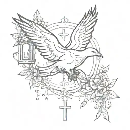 Cross With Rosary Around It And A Dove Flying