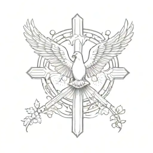 Cross With Praying Hands And Rosary Around It And A Dove Flying