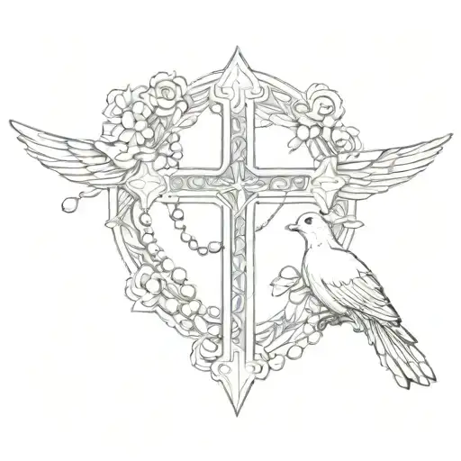 Catholic Cross With Praying Hands And Rosary Around It And A Dove Flying