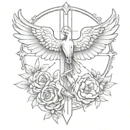 Catholic Cross With Rosary And Dove Perched