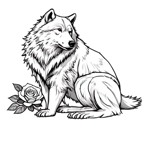 Bear Seated With A Rose Behind The Wolf's Head