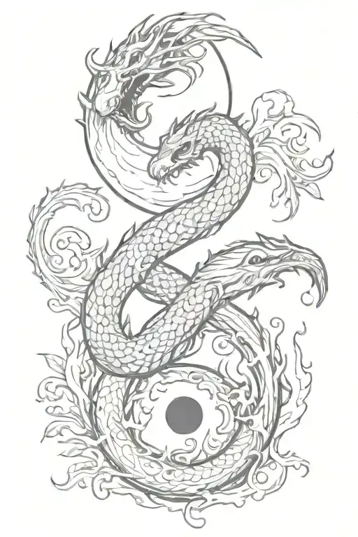 A Snake And Dragon Forming A Yin Yang Symbol With Flames And Nature Elements