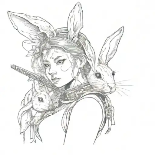 Girl With A Rabbit Lying On Her Shoulder With Samurai Theme