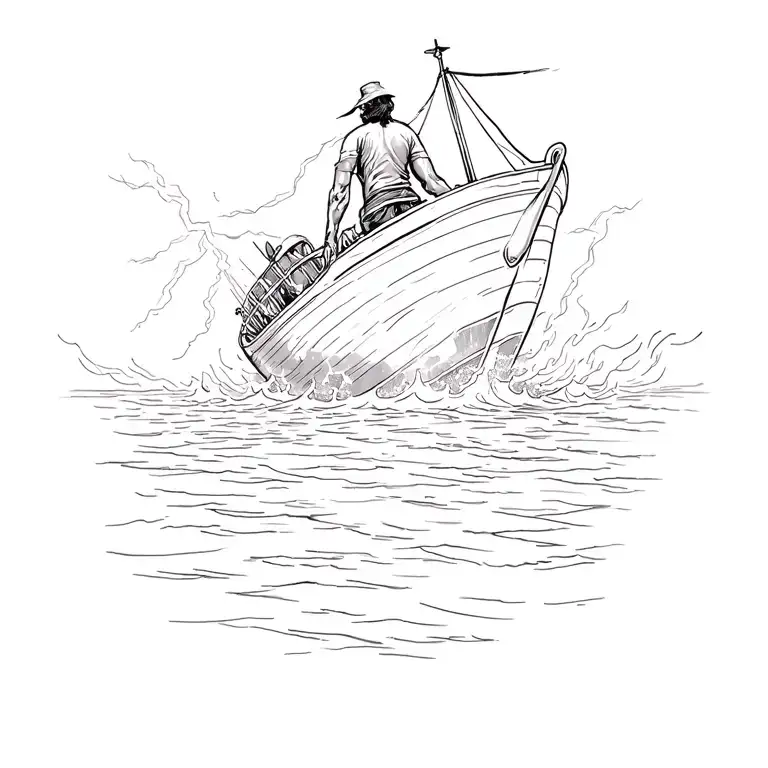 Man On A Capsized Boat In A Large Storm With Lightning