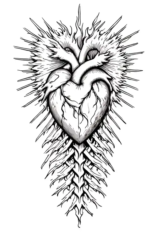 Sacred Heart And Lines Work That Looks Like Fire On Spine