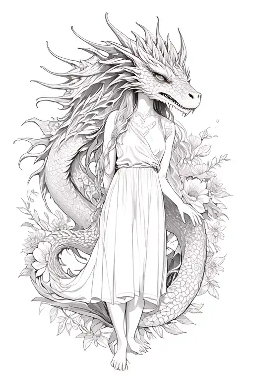 Girl In Full Growth Dragon Around Her Flowers