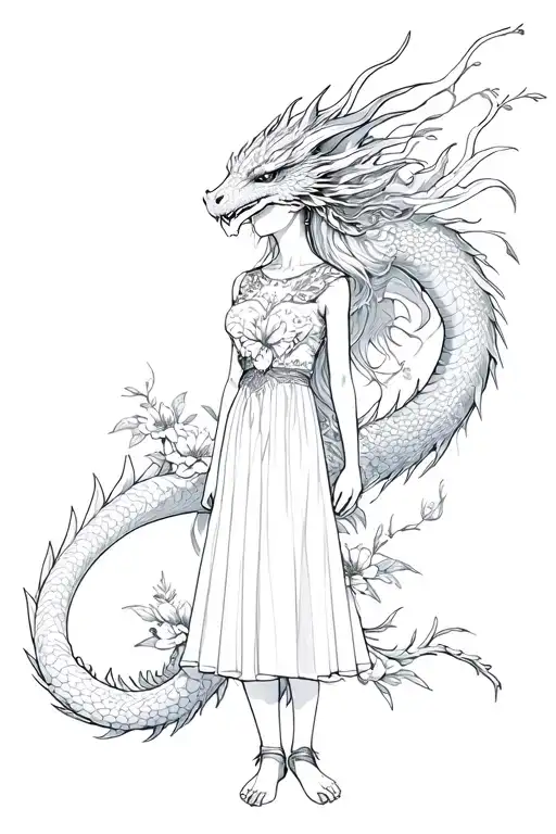 Girl In Full Growth Dragon Around Her Flowers