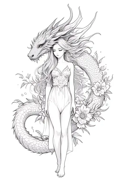 Girl In Full Growth Dragon Around Her Flowers