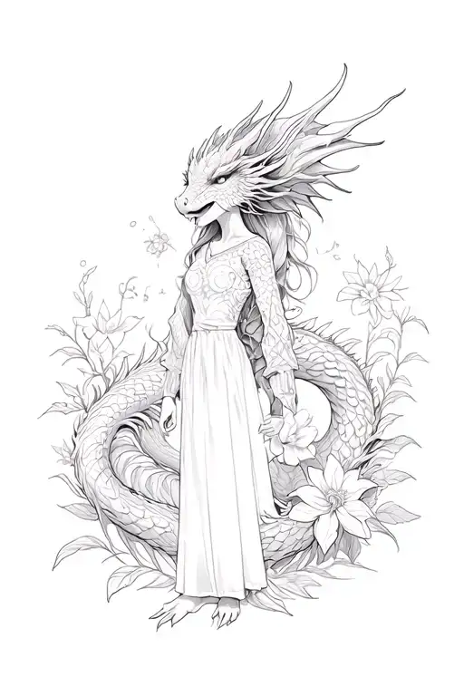 Girl In Full Growth Dragon Around Her Flower Growing