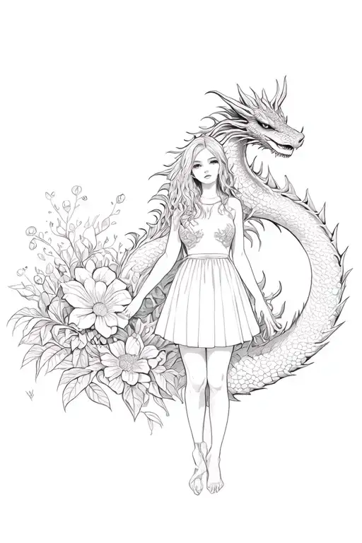 Girl In Full Growth Dragon Around Her Flower Growing