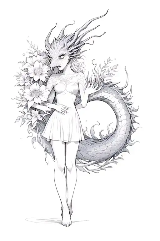 Girl In Full Growth Dragon Around Her Flower Growing