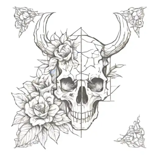 Broken Glass Window With Flower Surrounded Animal Skull