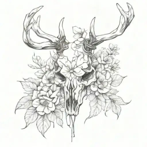 Deer Skull With Snake And Flowers