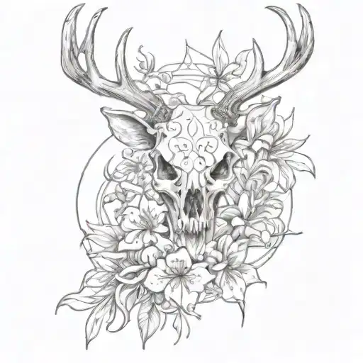 Deer Skull With Snake And Spider Lily Flowers