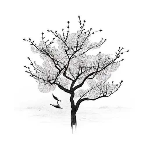 Plum Blossom Tree With Petals Falling Into A Pond With 4 Koi Fish