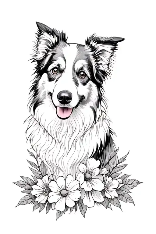Blue Merle Australian Shepherd In The Flowers