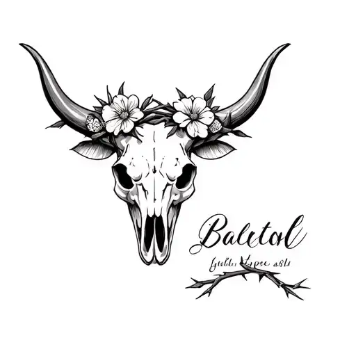 Bull Skull With Flowers And Thorns Embedded And Wrapped Around