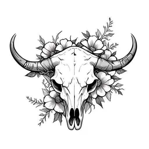 Bull Skull With Flowers And Thorns Embedded And Wrapped Around Intricate Design