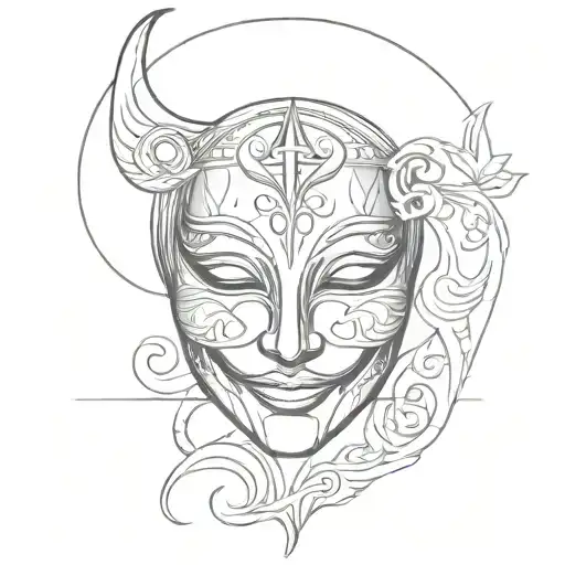 Evil Sexy Laughing Mask With Flying Music Notes Intertwined Crescent Moon