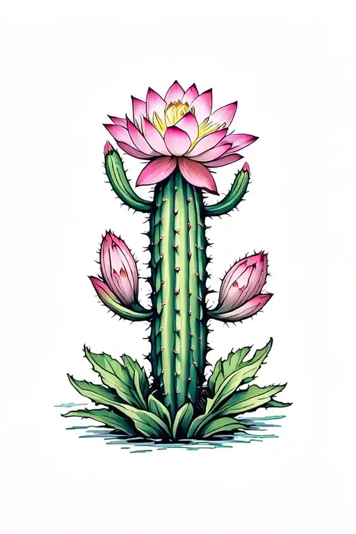 Cactus Protected By A Lotus Flower Blooming