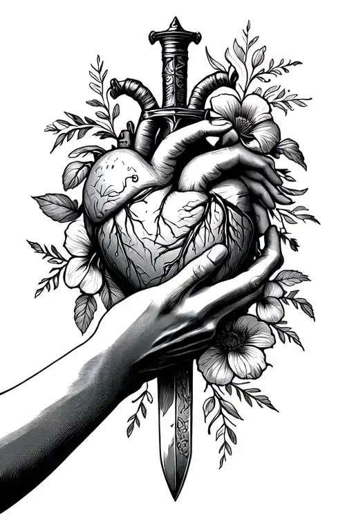 Hand Reaching For Anatomical Heart Thats A Over With Dagger Through It And Flowers