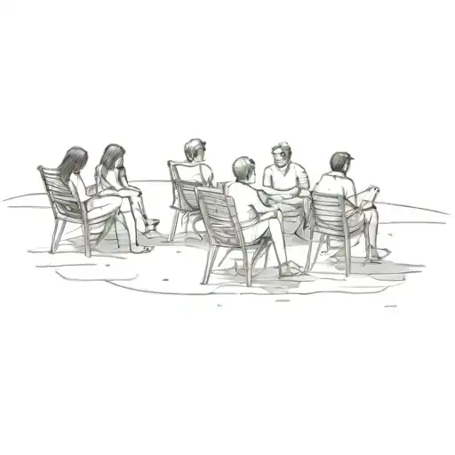 A Group Of People Sitting On Chairs In The Sand