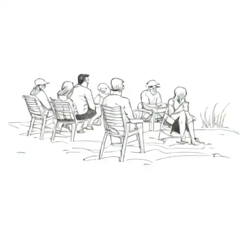 A Group Of People Sitting On Chairs In The Sand