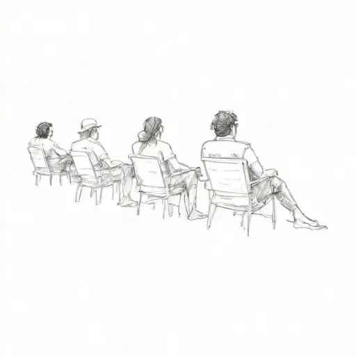 A Group Of People Sitting On Chairs In The Sand